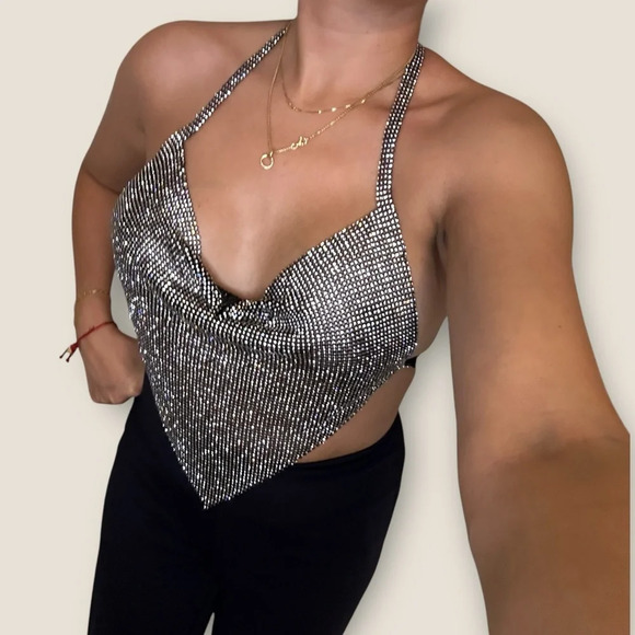 CuratedxEdit | Rhinestone Halter Top | OS | Silver - Picture 6 of 8
